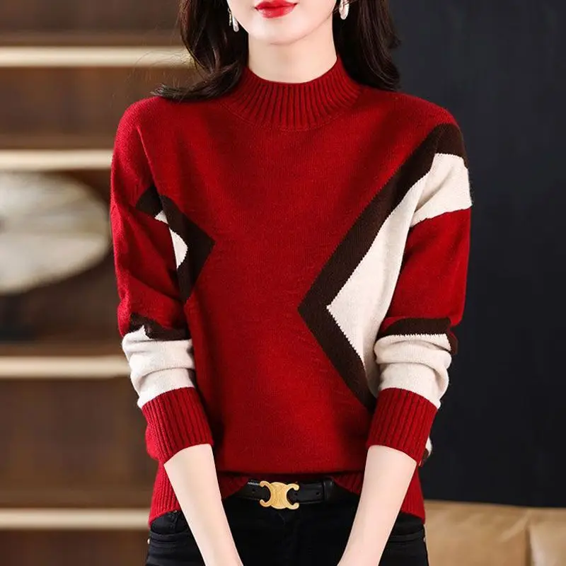 Korean Fashion Vintage Knitted Sweaters Autumn Winter Mock Neck Long Sleeve Panelled Pullovers Women Clothing Loose Casual Tops