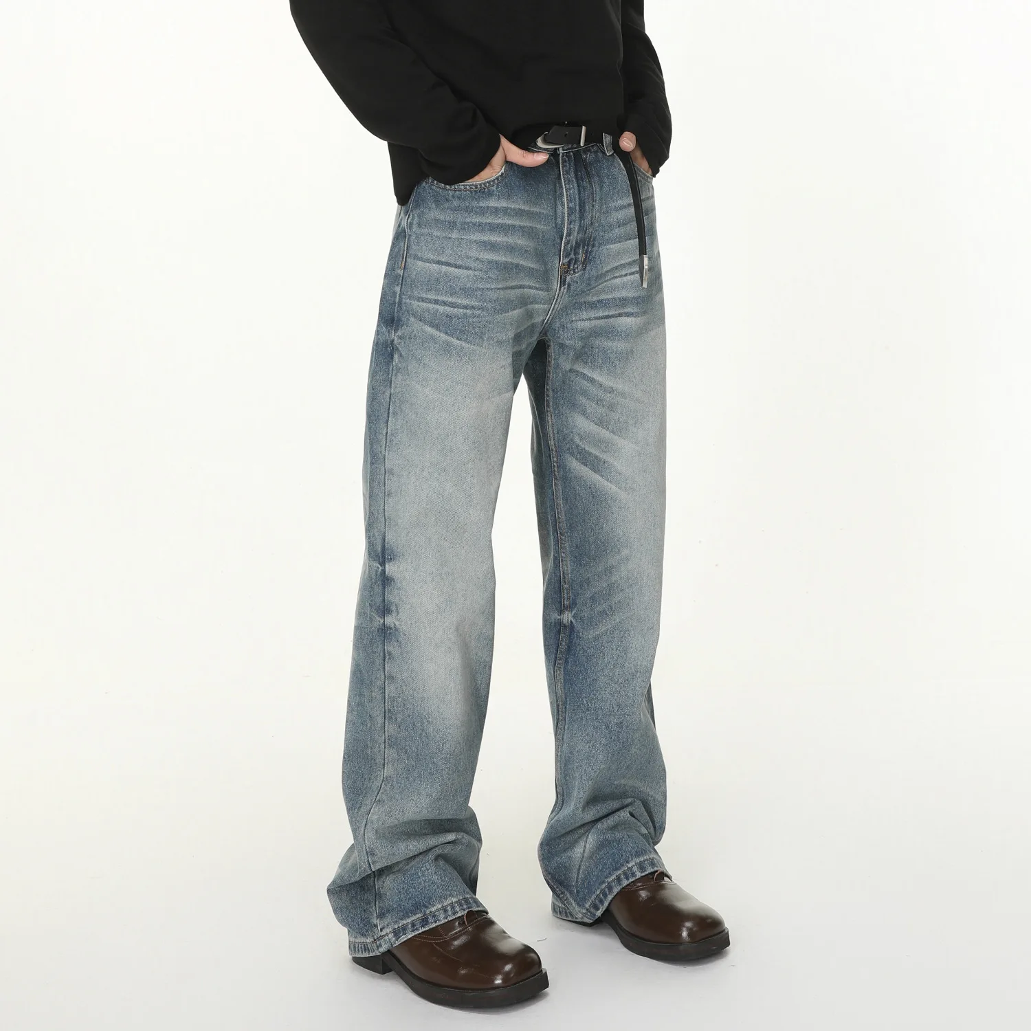 

American New Fashion Men's Light Blue Casual Trendy Simple Basic Daily Wide Leg Straight Denim Trousers Male Clothes Jeans Pants