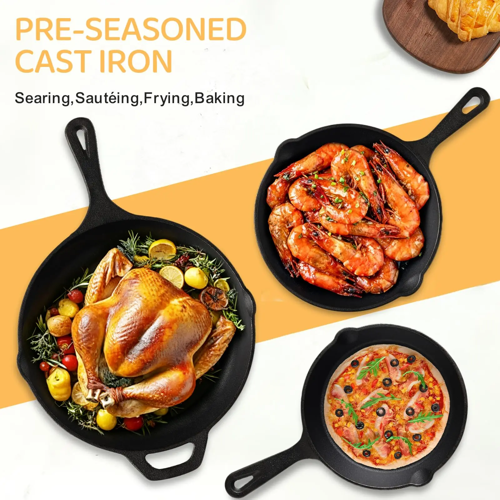 EWFEN Cast Iron Skillet 3-Piece Set, Heavy-Duty Professional Restaurant Chef Quality Pre-Seasoned Pan Cookware Set, 6
