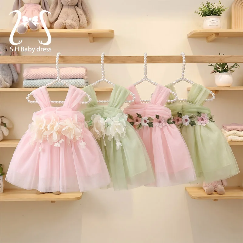 Children Summer Sleeveless Mesh Dress Fashionable Baby Girls Sweet Flower Clothes Lovely Bow Toddler Kid Costume Newborn Dresses