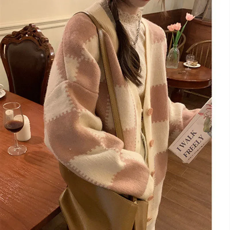 Outono manga comprida elegante blusas de malha casacos moda xadrez com decote em v cardigan malhas soltas jaqueta casual feminina