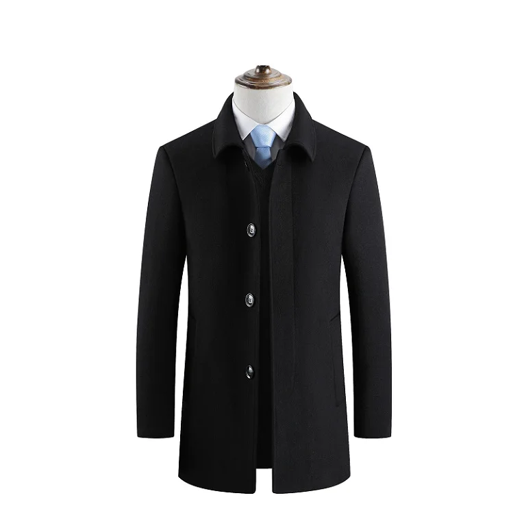 

Simple Design Medium-length Windbreaker Jacket For Autumn Winter New Men Business Casual Woolen Men Woolen Overcoat Solid Color