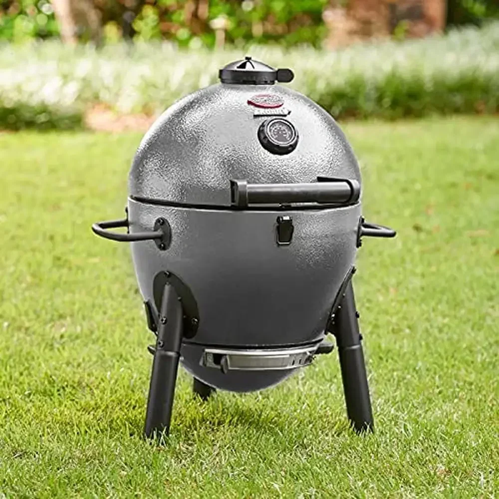 

A Portable Kamado Charcoal Grill & Smoker w/ Cast Iron Grates Easy Ash Pan 155 Sq In Cooking Space Ceramic-like Heat Retention