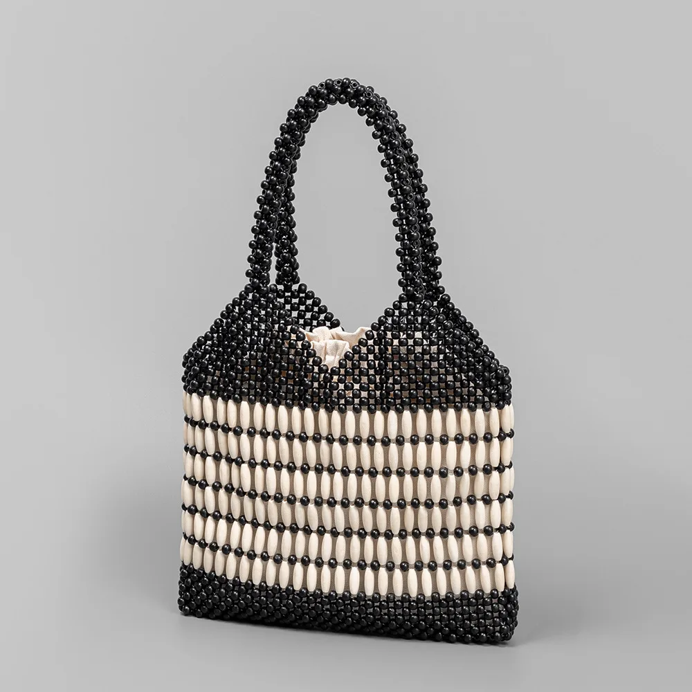 

Hollow Out Beach Tote Bag Wooden Bead Bag Woven Handbag Clutch Purses for Women