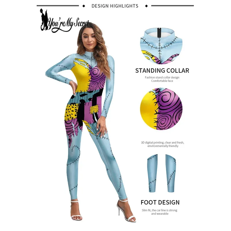 [Sei il mio segreto] Costume da donna film Cosplay Zombies tuta Zipper Spandex spaventoso 3D Print Party Outfit Sexy Zentai body