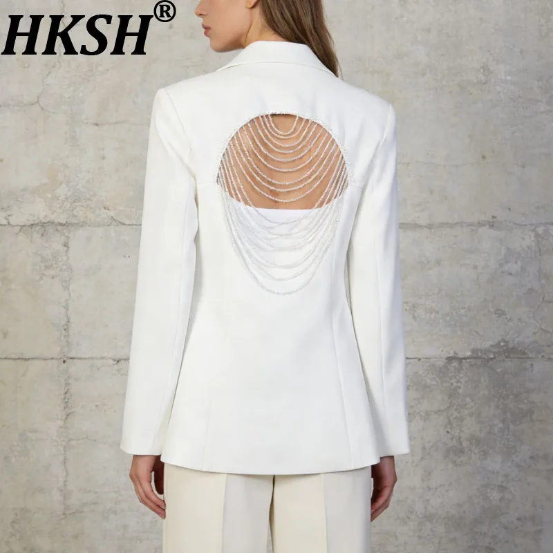 

Женский сексуальный блейзер HKSH с вырезом на спине и цепочкой, однобортный, с отложным воротником, элегантный, модный жакет, новинка Весна 2026 HK19359