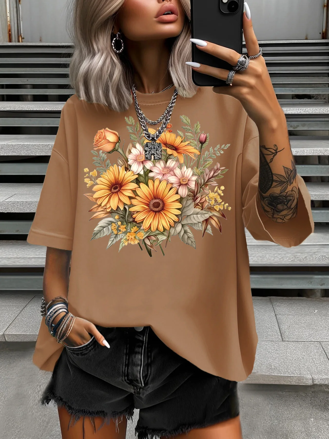 

Летняя женская футболка больших размеров, оригинальный дизайн, модные женские повседневные топы с принтом цветов и растений, круглый вырез, короткие рукава