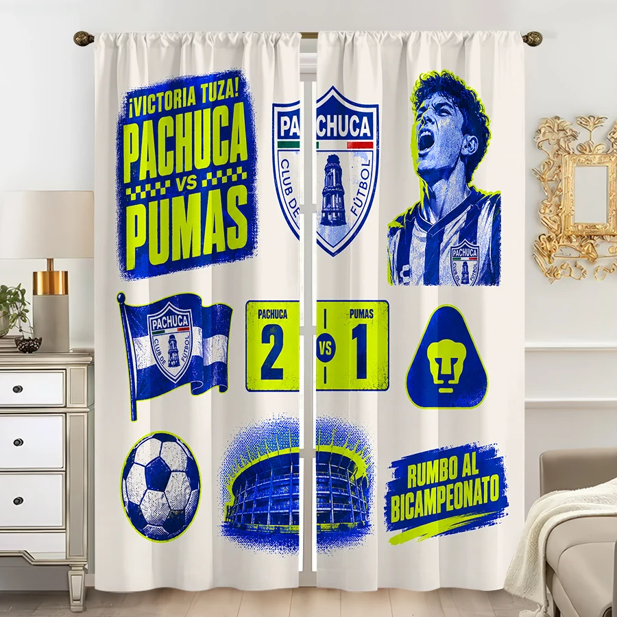 2PCS Curtains, Pachuca Football Club Themed Print with Player Portrait, Team Crest, Soccer Ball, Stadium and Match Score Details