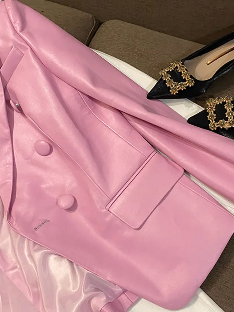 Lautaro Spring Stylish Short Pink Soft Pu Leather Blazer Long Sleeve Slim Fit Luxury Jackets for Women 2022 Elegant Fashion 5xl