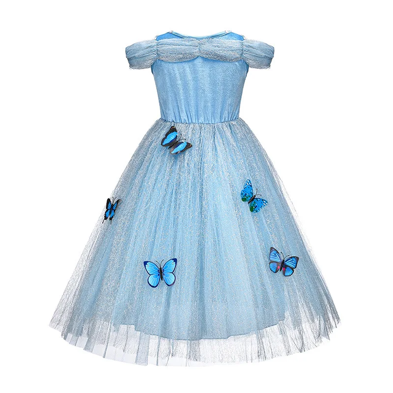 Fairy Tale Glass Slipper Cinderella Dress with Butterflies Girl Pageant Princess Costume Frock Children Carnival Party Ball Gown