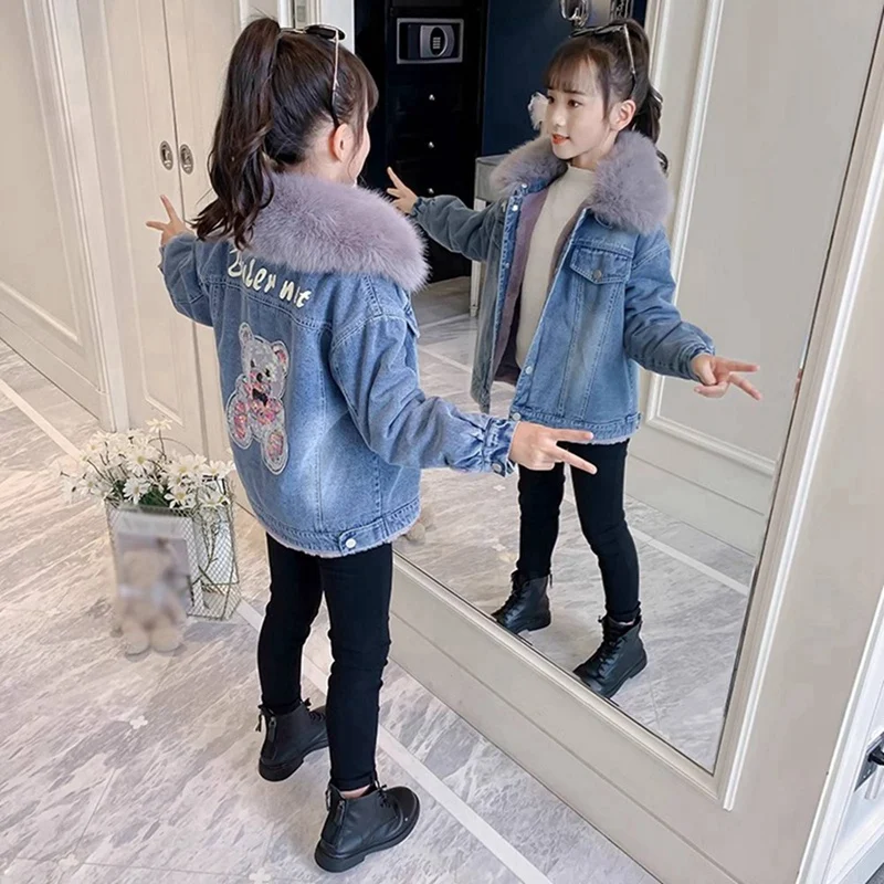 

New Winter Childern Girl Denim Jacket 4-14 Years Cartoon Sequined Bear Plus Velvet Girl Outerwear Coat Kids Teenage Girl Parka