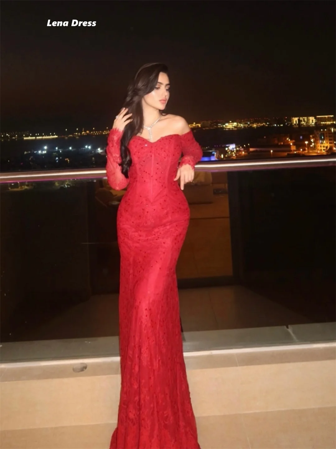 Lena Red Luxury Women Evening Dress Woman Customized Elegant Long Dress Fish Tail Embroidered Lace Party Dresses Luxury Prom