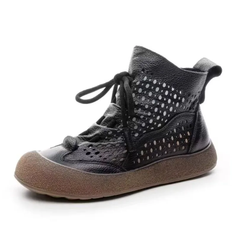 

Top Cowhide Spring Summer Boots Hollowed Out Women's Leather Boots 2025 New Breathable Retro Sandals Cool Boots Flats