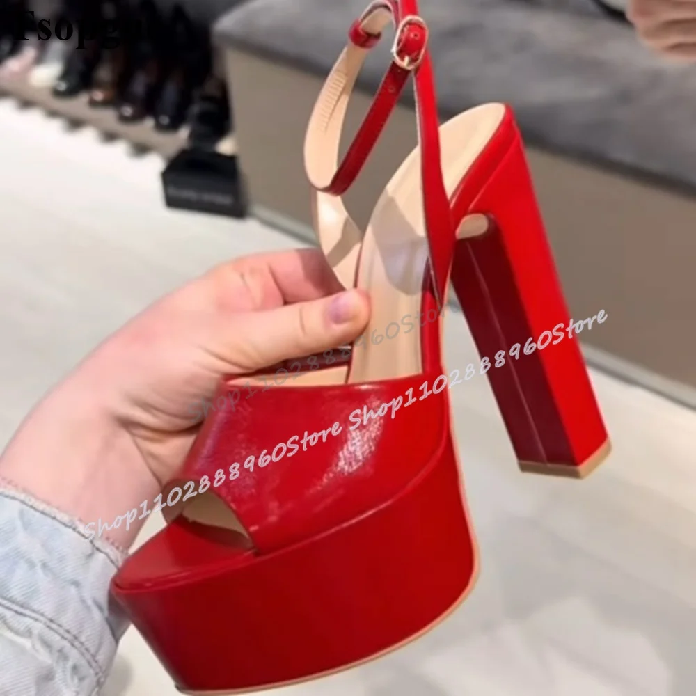 

Red Leather Platform Sandals Chunky High Heel Shoes For Women Ankle Buckle Strap Peep Toe Party Gorgeous Banquet Women Sandals