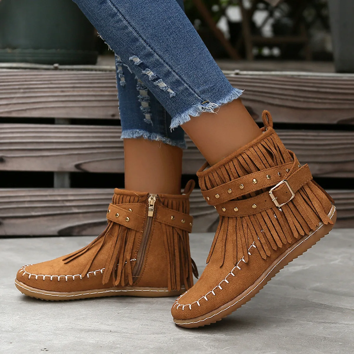 Short boots women's double-layer tassel boots women's shoes 2026 spring new item side zipper and velvet women's boots