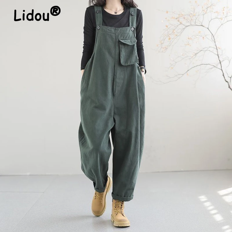 Vintage Oversized Pockets Streetwear Casual Rompers Spring Autumn Women\'s Korean Baggy Haren Overalls Jumpsuit Outfits Clothing