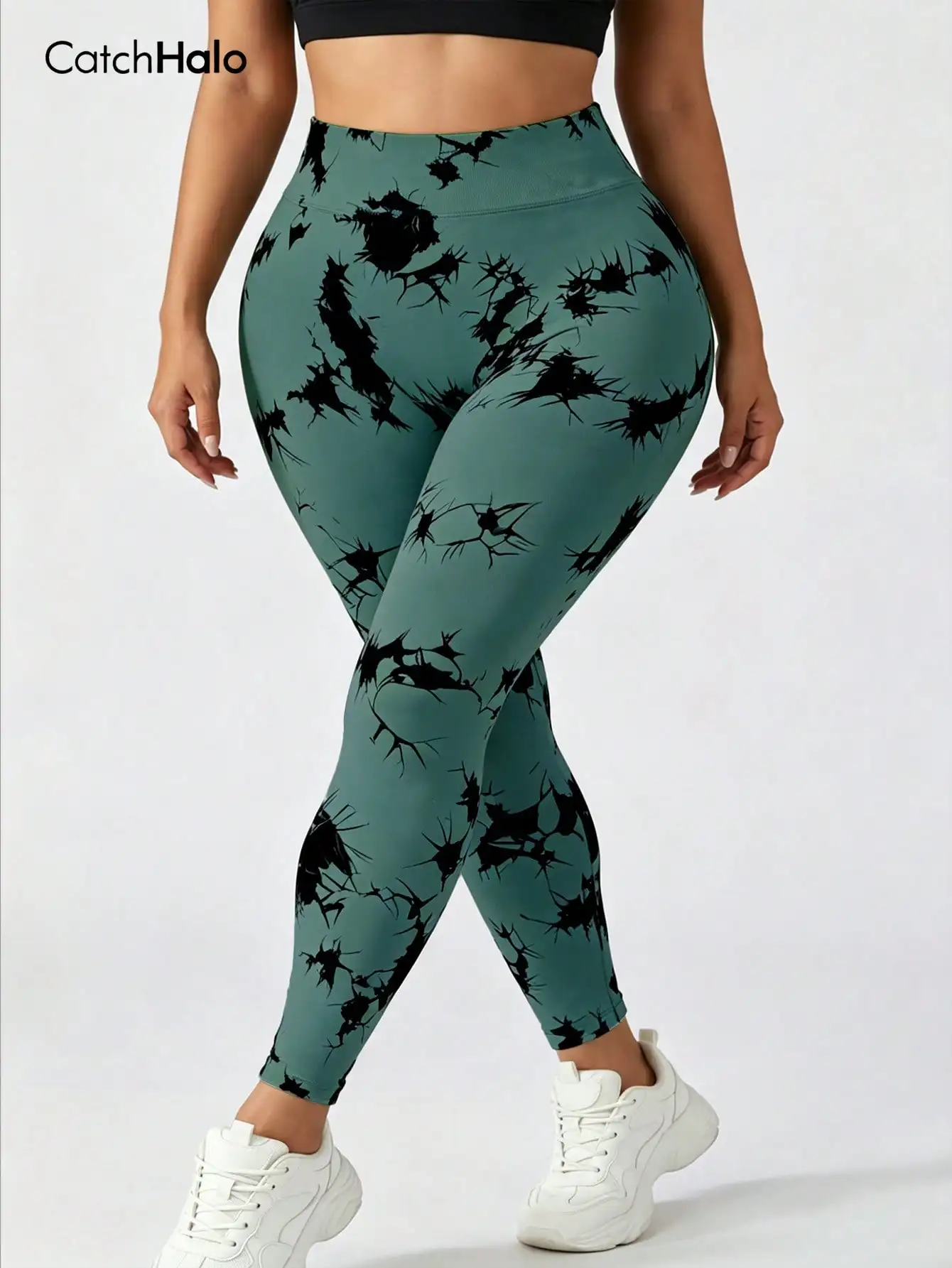 Plus size women's high waist tie dyed yoga pants tummy control butt lift stretch sports pants suitable for daily fitness wear