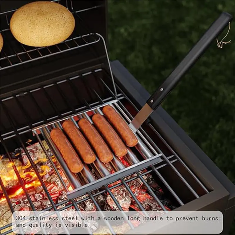 AA81-Stainless Steel Hot Dog Roller Portable Sausage Roller Rack Fits BBQ, Camping 360° Rotation