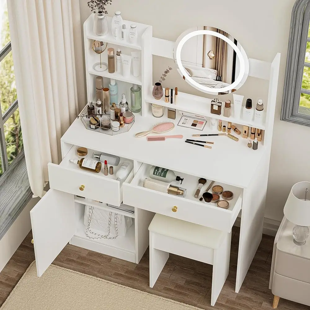 Makeup Vanity Desk With Mirror And Lights, Dressing Table Set With 3 Lighting Mode, Makeup Table With Stool