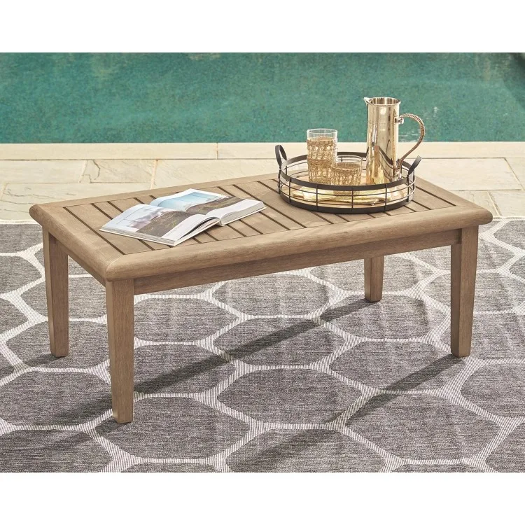 Gerianne Outdoor Rectangular Eucalyptus Wood Slat Top Coffee Table, Beige