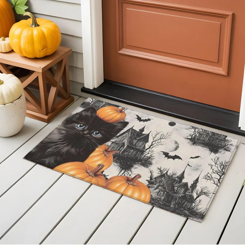 VIKAMA Halloween Black Cat Haunted House Pumpkin Bat Doormat Non Slip Vintage Sketch Front Entrance Holiday Floor Mat