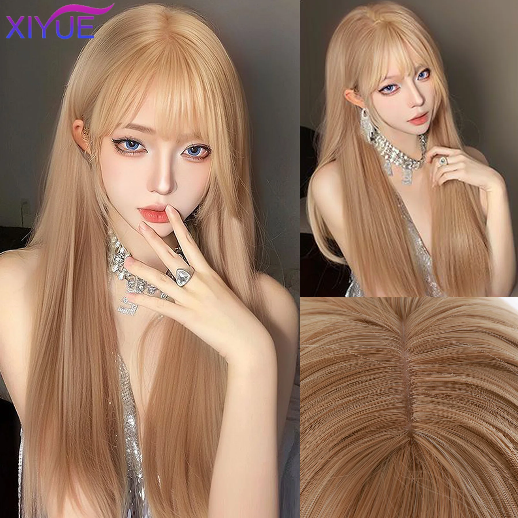 XIYUE Golden Synthetic Wig Fluffy Natural Fringe Waist-Length Straight Hair Women Cosplay Daily Use Of Heat-Resistant Full Head