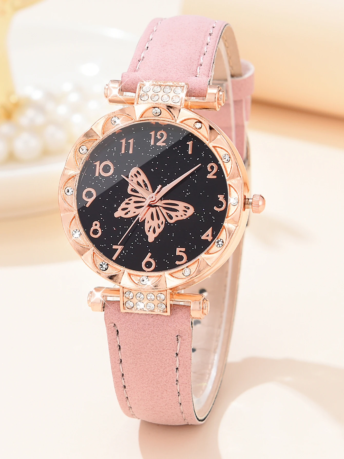 Casual fashion pink Big butterfly ladies quartz watch and pink butterfly alloy necklace set for daily wear