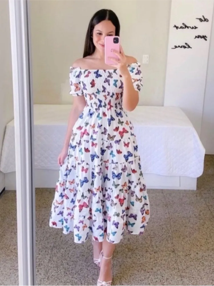 Vestido largo con estampado Floral a la moda para primavera y verano, vestido Sexy con hombros descubiertos para fiestas de mujer, vestido elegante de longitud media
