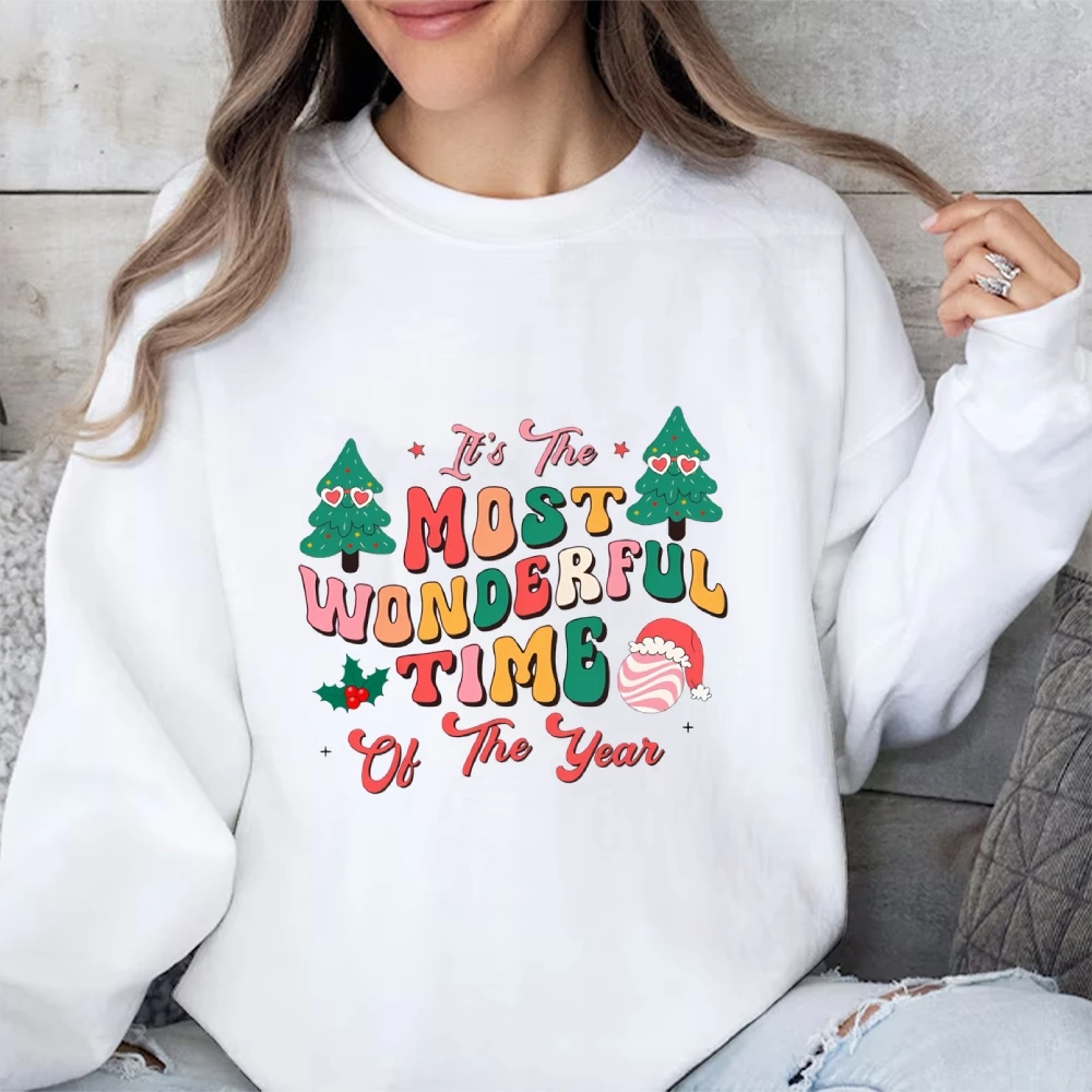 Crew Neck Women Sweater Hoodie Christmas Style Pine Snowman Chic Graphic Printing Cotton Soft Fabric New Sweatshirt