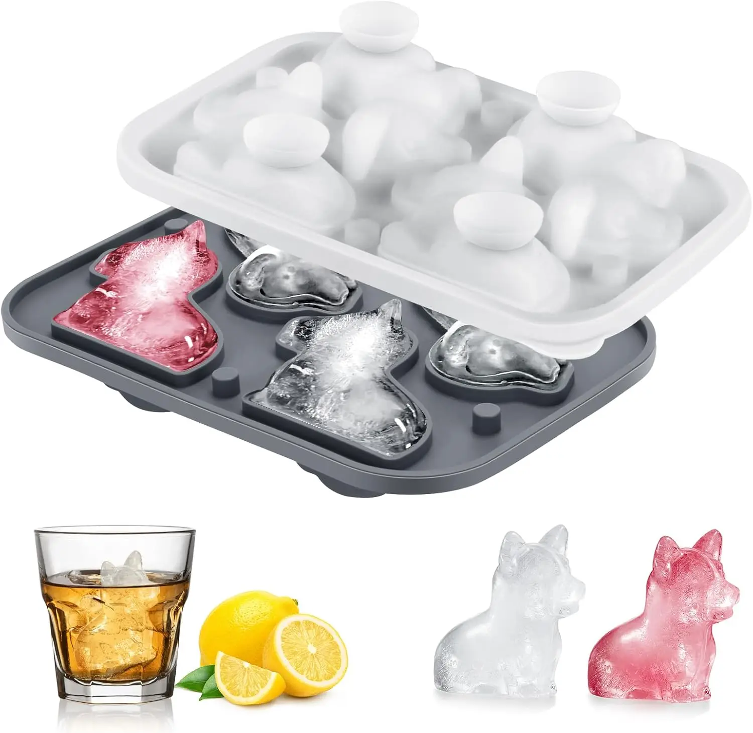 

Ice Cube Tray,Corgi Dog 3D Large Ice Cube Molds for Whiskey,Cocktails,Wine,Juice and Bourbon,4 Big Cute Animal Ice Trays for Fre