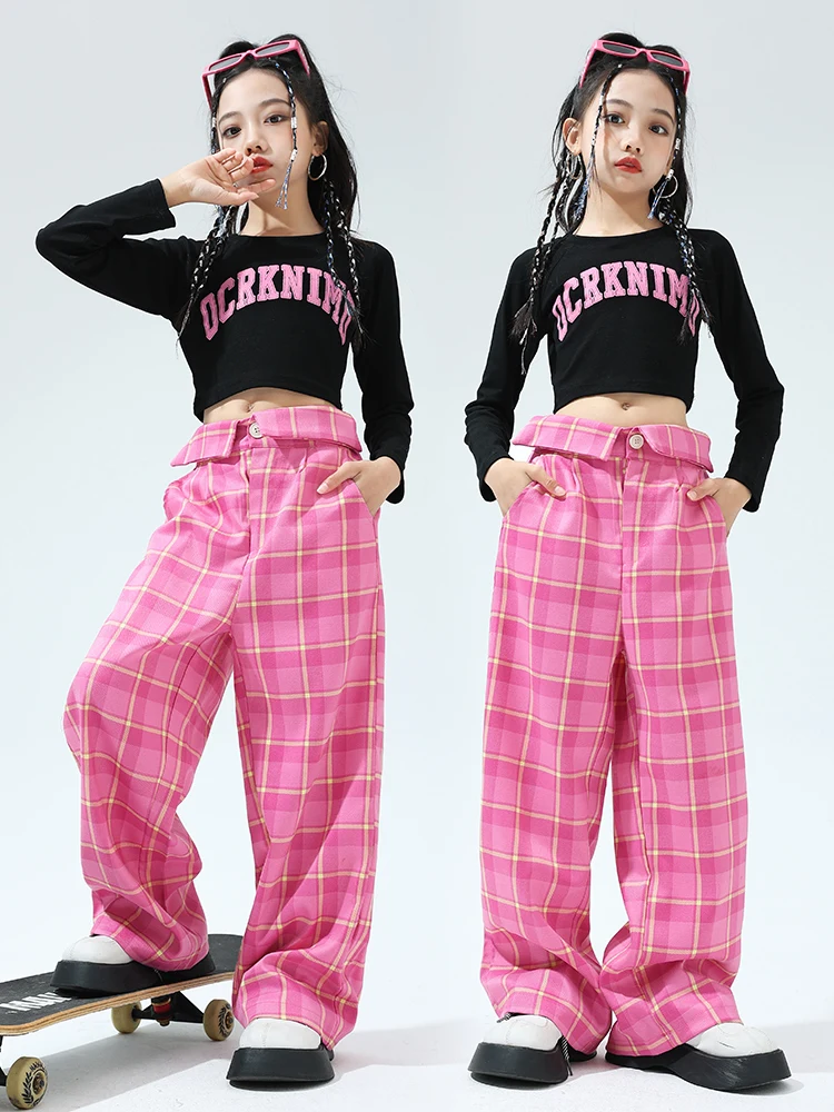 Roupas de dança jazz para meninas, roupas práticas, tops pretos, calça rosa treliça, traje de hip hop infantil, bl11919