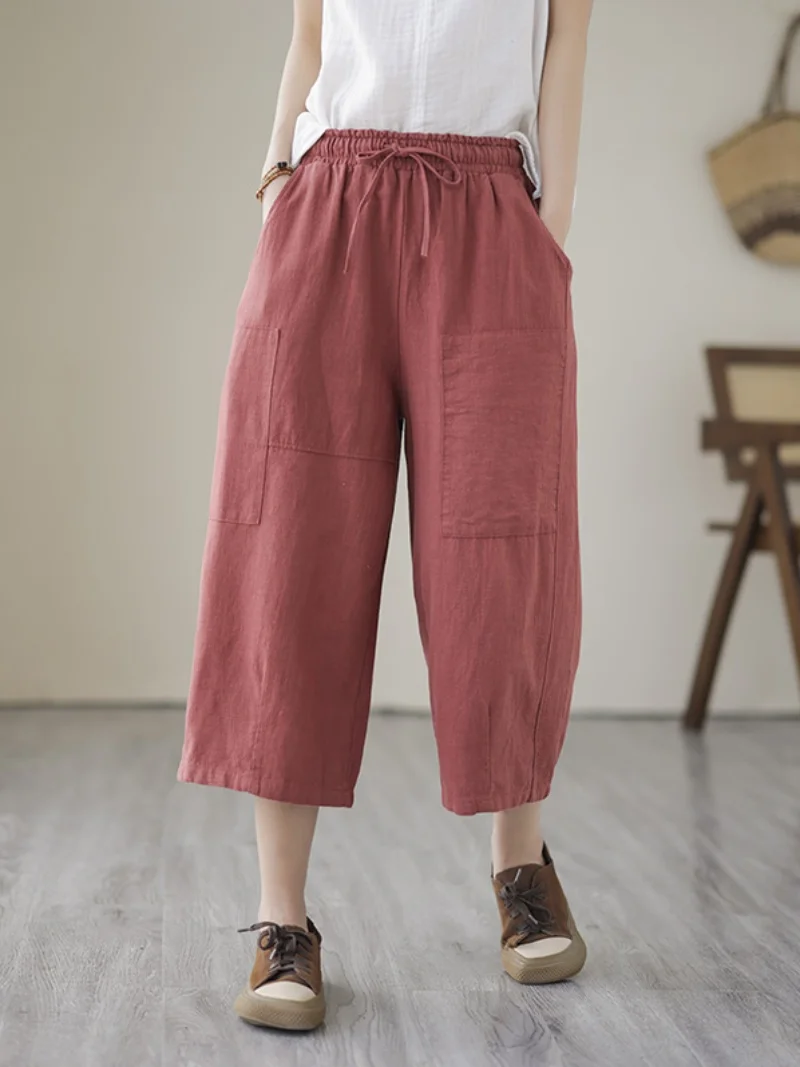 Pantaloni a gamba larga in cotone e lino a vita alta Pantaloni estivi leggeri casual da donna taglie forti Pantaloni a sette cinque lunghezza da pendolare Sle