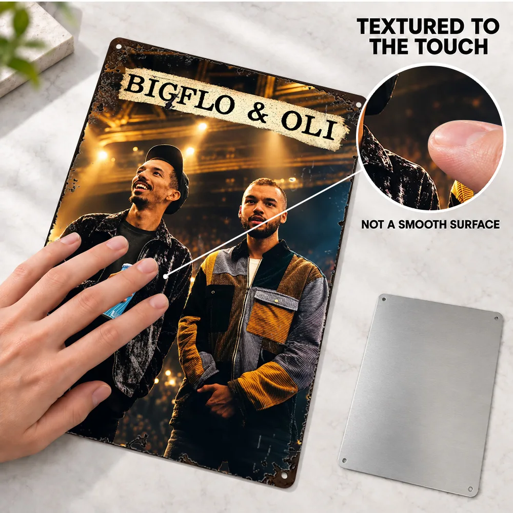 Bigflo And Oli Concert Portrait Aluminum Poster Personalized Metal Sign Stage Microphone Duo Illustration Wall Art For Bedroom