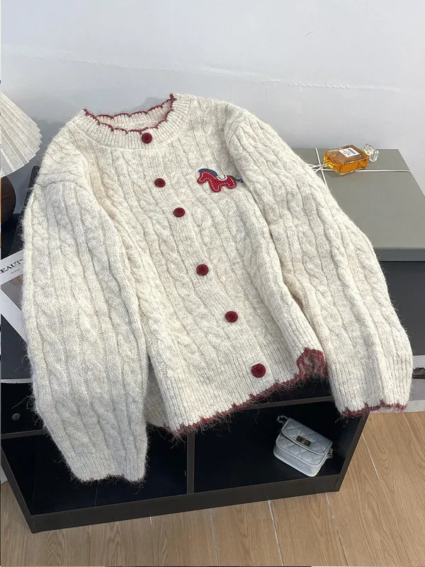 

Loose Women's Knitted Sweater Jacket in Beige Casual Style Inner Wear Cardigan Lazy Style Fashion Polyester Fiber Long Sleeve
