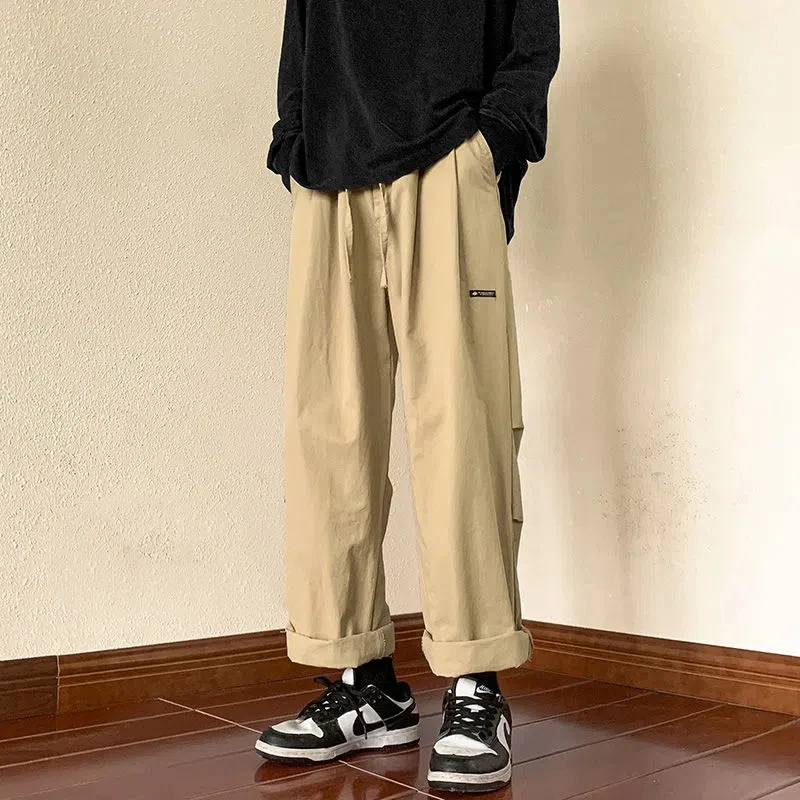 Spring Autumn Solid Color Fashion Elastic Waist Straight Pants Man High Street Casual Loose Pockets Lacing Patchwork Trousers