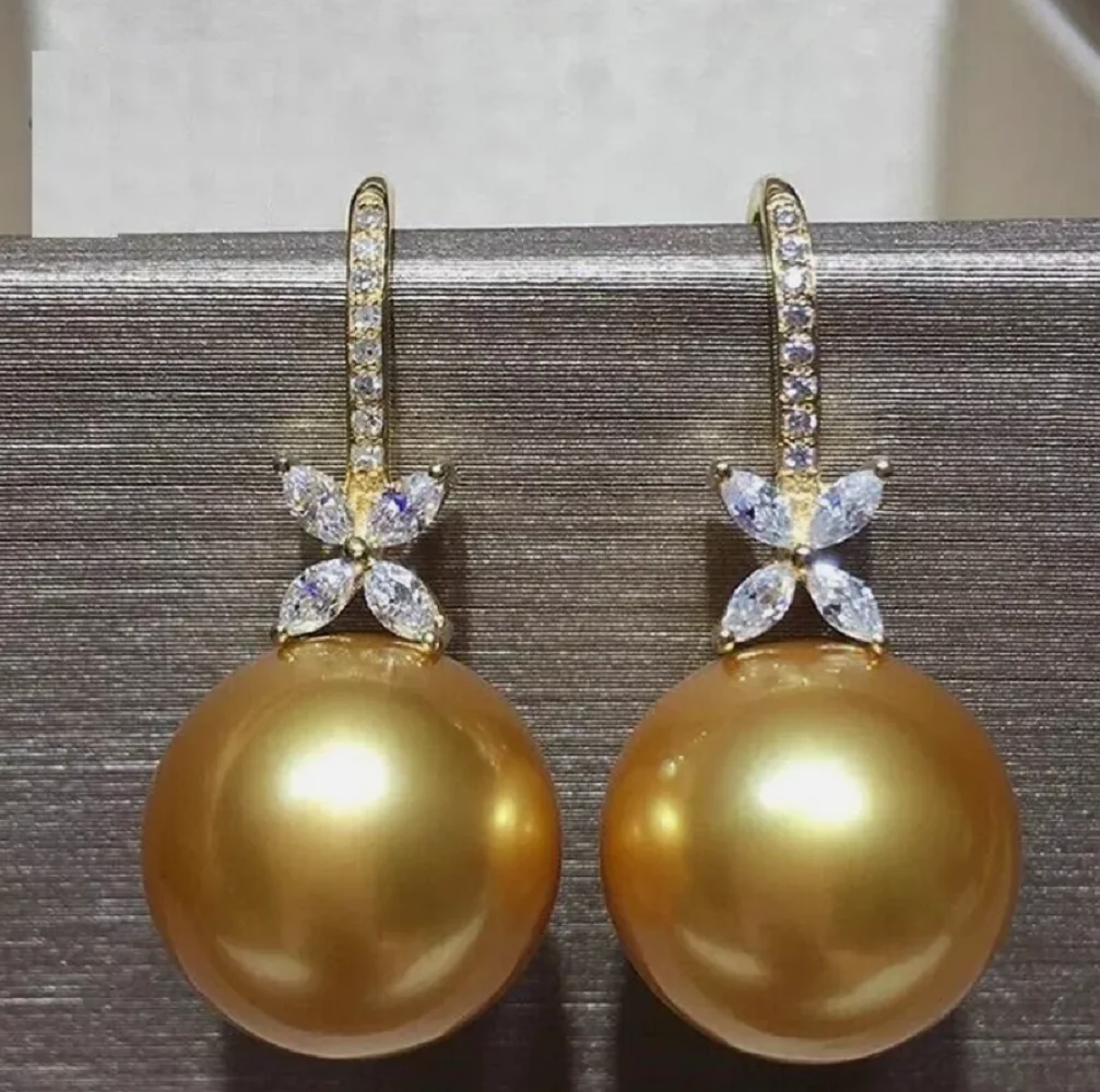 Hot selling gorgeous large AAAA 10-11mm round gold pearl pendant earrings 925s 9-10mm 10-11mm  11-12mm