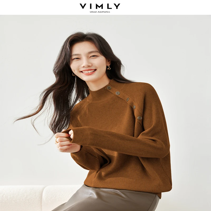 VIMLY Women Spring/Autumn Pullover High Collar Knitwear 2024 Loose Vintage Thick Warm Solid Sweater Winter Bottoming Top 16160