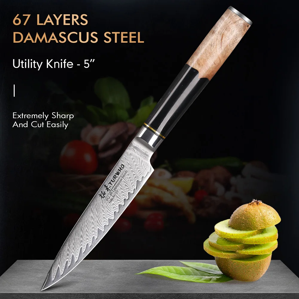 سكين مطبخ دمشق الحقيقي من TURWHO مقاس 5 بوصات سكين فائدة VG10 الأساسية سكين طاه ياباني من الفولاذ المقاوم للصدأ سكين الفاكهة واللحوم المنحوتة
