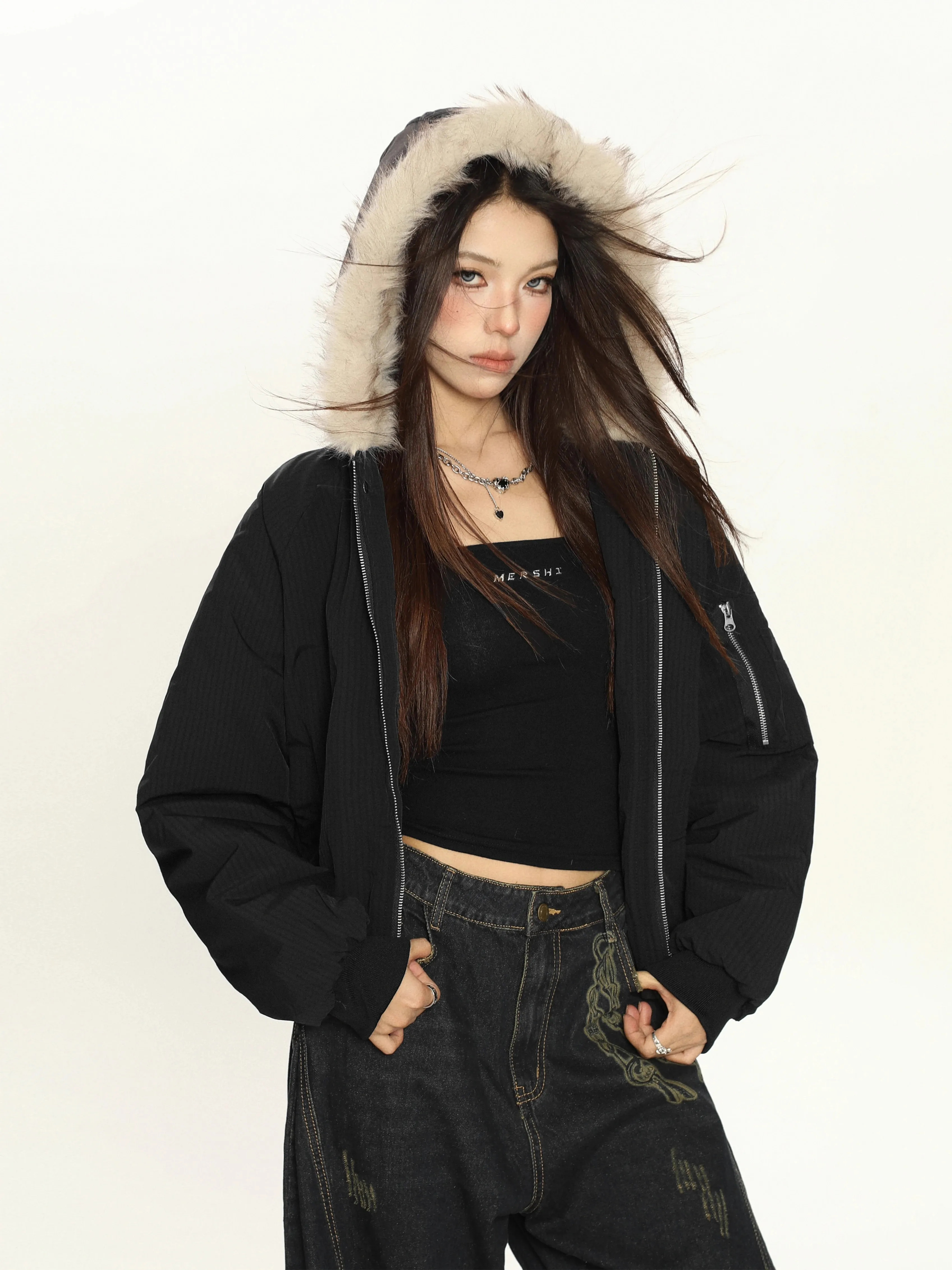 American Retro Fur Collar Jacket Winter Short Campus Style Thickened Hooded Cotton Design Ins Small Size Women's Coat