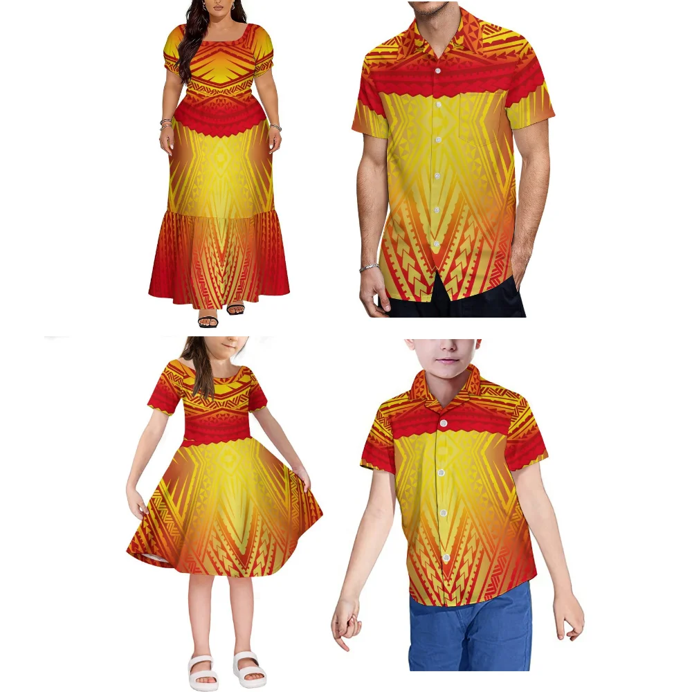 High-Quality Customizable Wholesale Family Sets Summer Polynesian-Style Elegant Women'S Dresses Men'S Casual Shirts