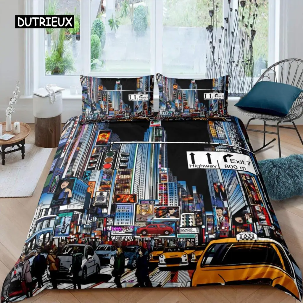 Cityscape Duvet Cover Set New York City Night View Quilt Cover for Boys Adults Microfiber Building Bedding Set 2/3Pcs King Size