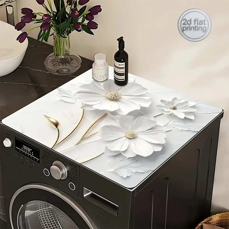 1pc Non-Slip Washer and Dish Drying Mat with White Flower & Heart Design - Modern Washing Machine Cover, Polyester Suitable for