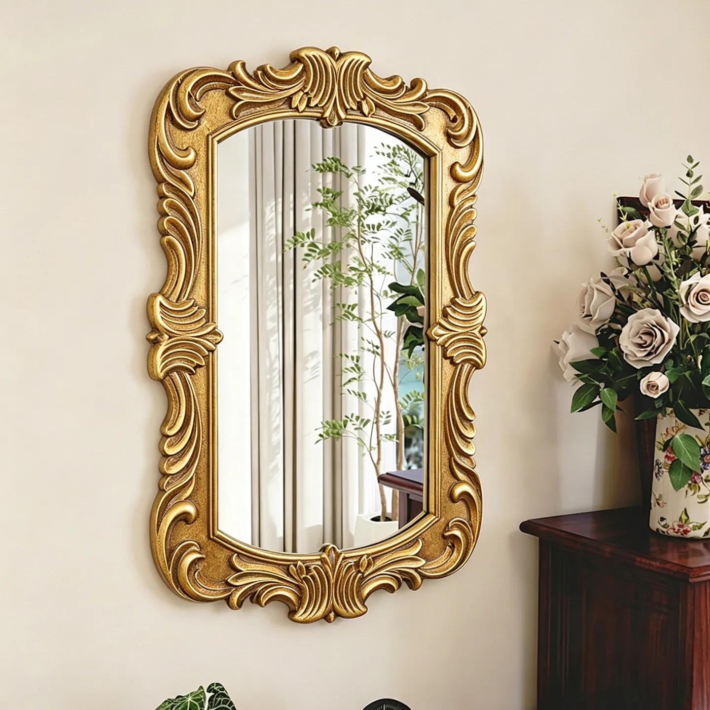 Entrance living room wall-mounted mirror carved border golden bed and breakfast hotel decorative mirror