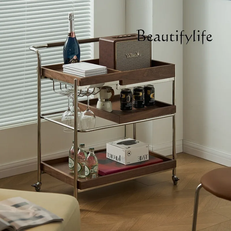Solid Wood Removable Cart Style Retro Sofa Side Three Layers Storage Rack Metal Support Detachable Pallet Living Room Furniture