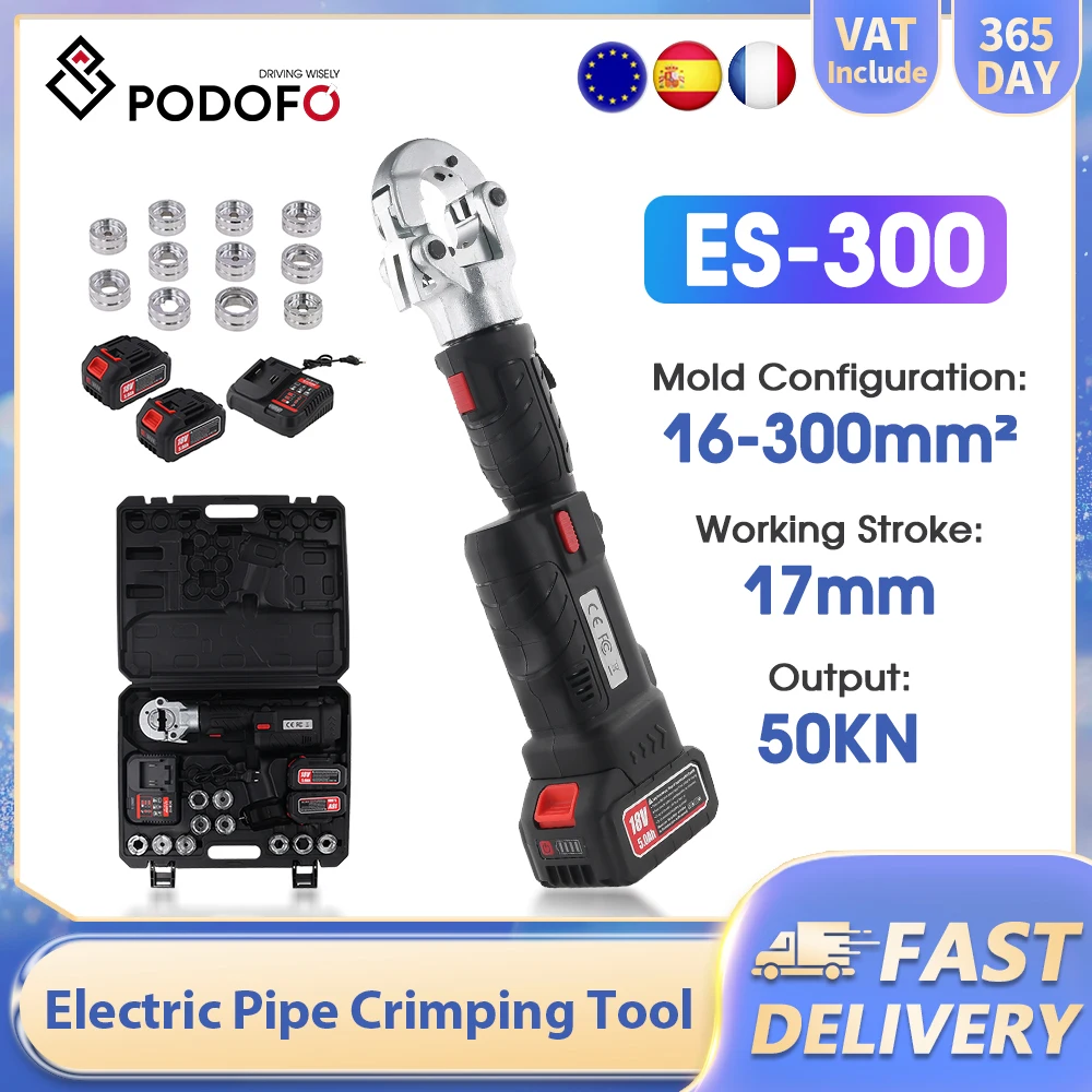 Podofo 18V 50KN ES-300 Elektryczna hydrauliczna zaciskarka z prostą rączką do końcówek miedzianych i aluminiowych o przekroju 16-300mm² z szybkim zaciskaniem i obrotem 360° ° Rotacja