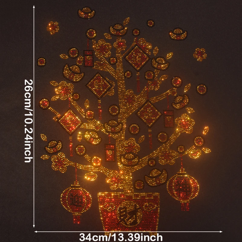 

26x34cm Sparkling Lucky Money Tree Rhinestone Heat Transfer for DIY Tops Bags Asian Style Home Decor