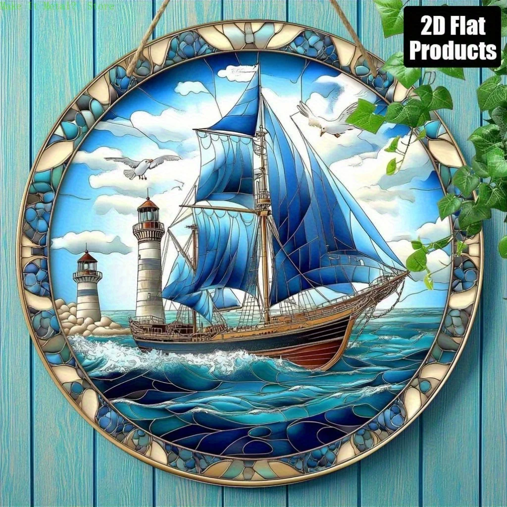 2D Flat Stained Glass Style Sailboat & Lighthouse Round Tin Sign Nautical Metal Wall Art for Coastal, Beach, and Ocean Decor 2D Flat Stained Glass Style Sailboat & Lighthouse Round Tin Sign Nautical Metal Wall Art for Coastal, Beach, and Ocean Decor