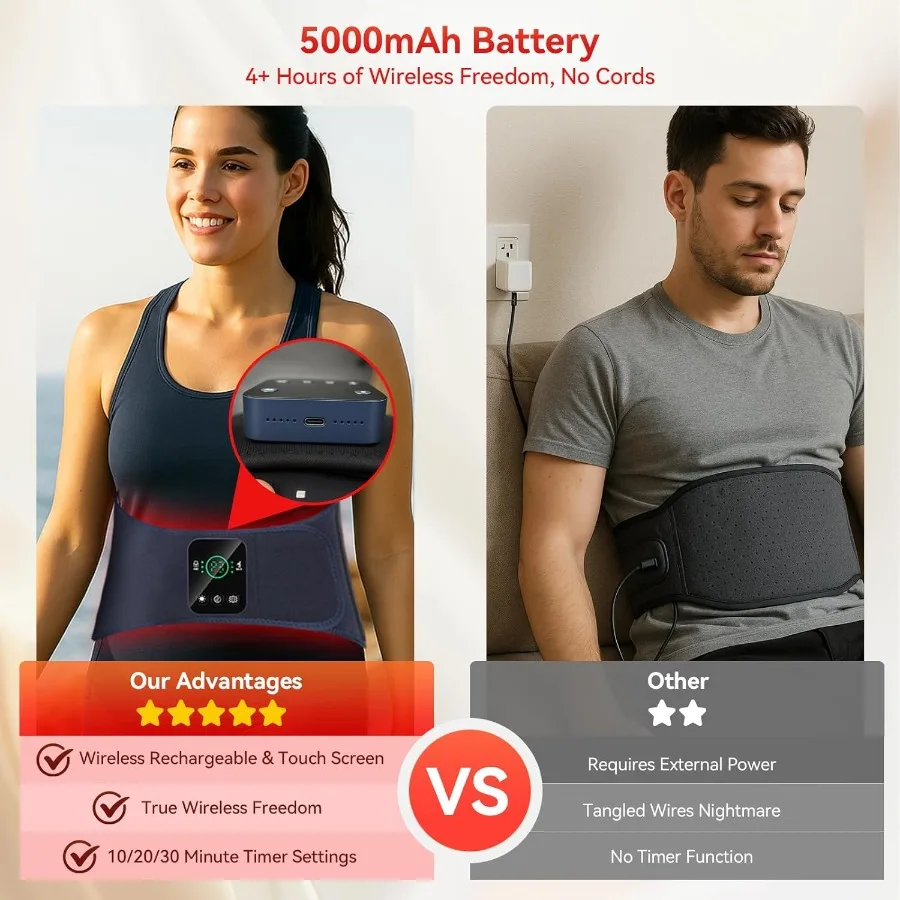 Cintura per terapia della luce rossa senza fili per alleviare il dolore alla schiena e dell'addome: fascia in vita a infrarossi ricaricabile da 5000 mAh con vibrazione a 3 modalità
