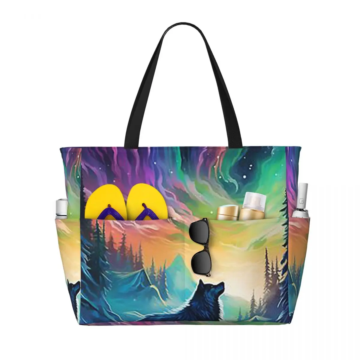 

Wolf Northern Light Aurora Borealis Scenery Mountains Rivers Trees Beach Tote Bag Large Tote Bag Women Travel Bag Fitness bag