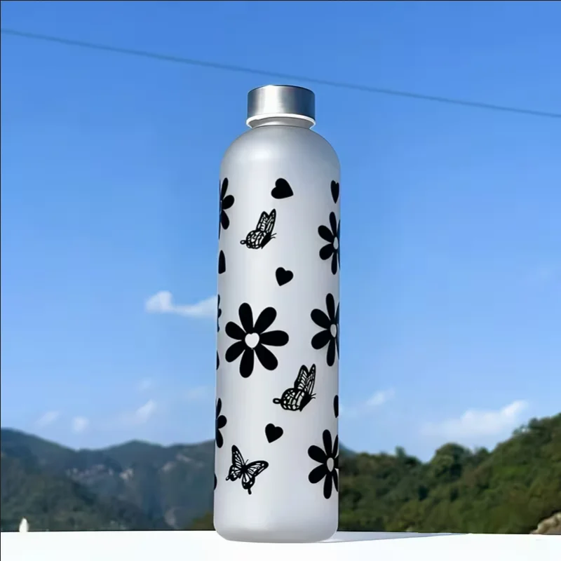 New 1000ml Plastic Cup Fresh Plastic Frosted Personalized Bow Floral Pattern Water Bottle Large Capacity Sports Water Bottle